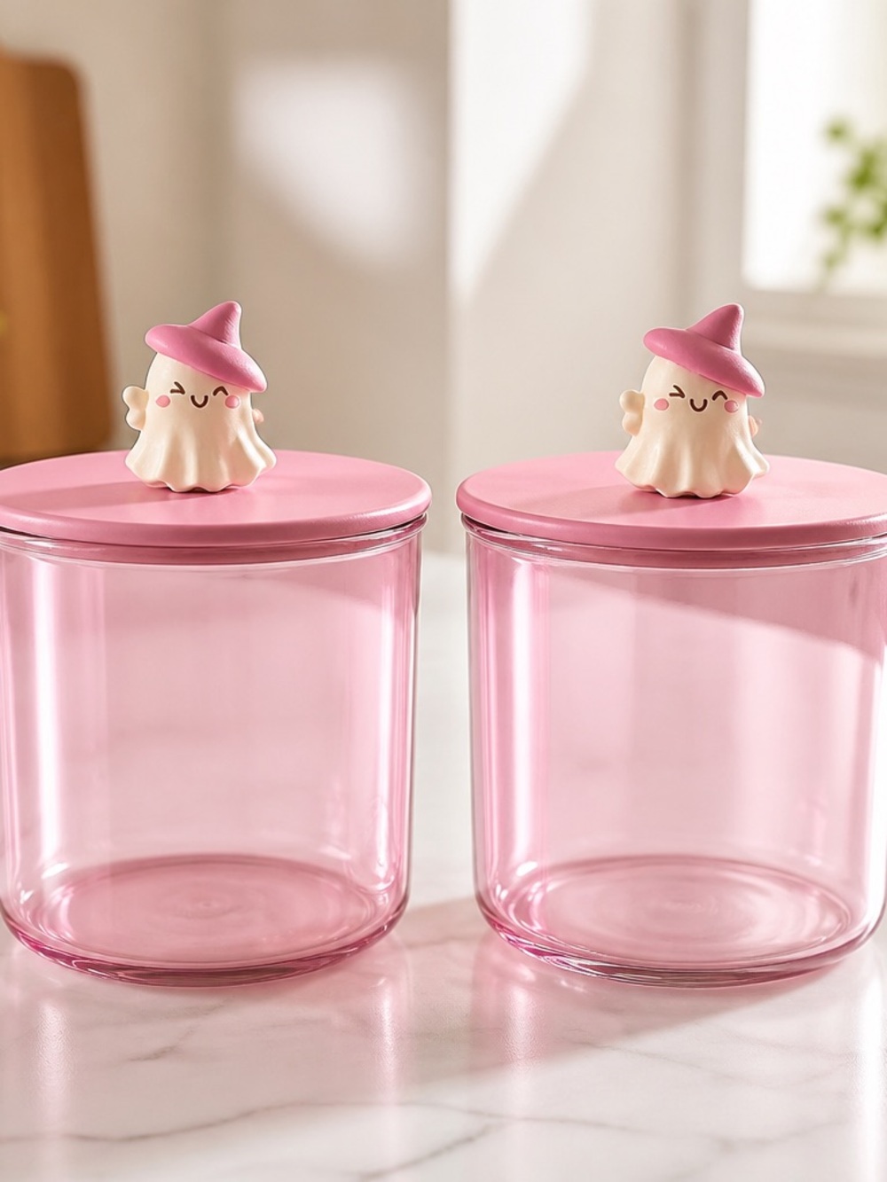 Pink Ghost-Top Glass Storage Jars - Cute Kitchen Canister Set
